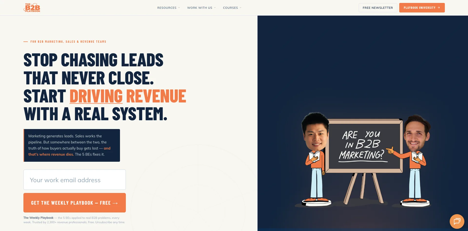 The B2B Playbook homepage hero showing the tagline Stop chasing leads that never close, start driving revenue with a real system