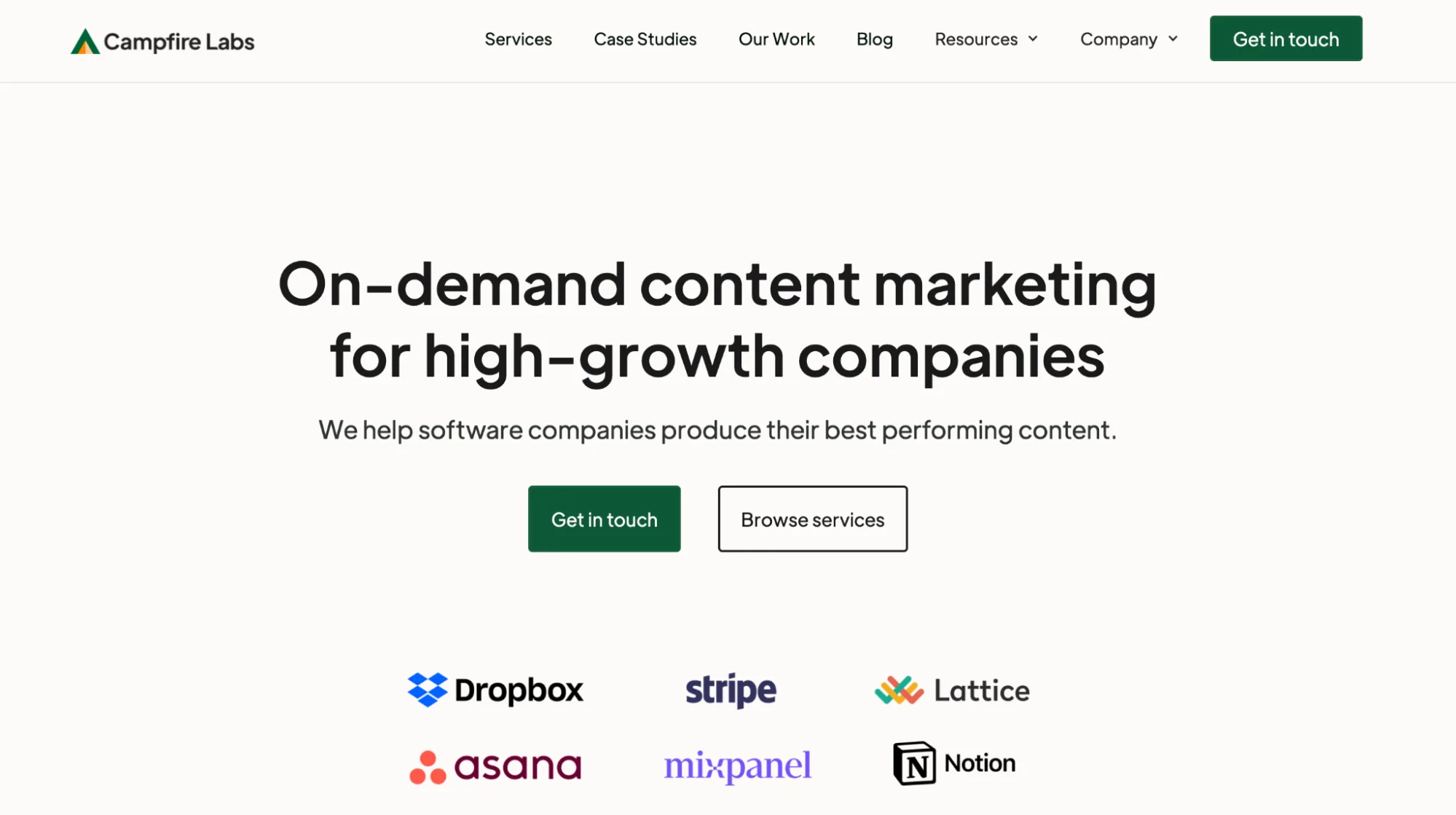 Campfire Labs homepage hero showing the tagline On-demand content marketing for high-growth companies, with Dropbox, Stripe, and Notion client logos