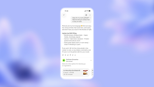 ChatGPT mobile app showing a Sponsored unit appearing contextually below a conversational answer, illustrating paid placement during active evaluation