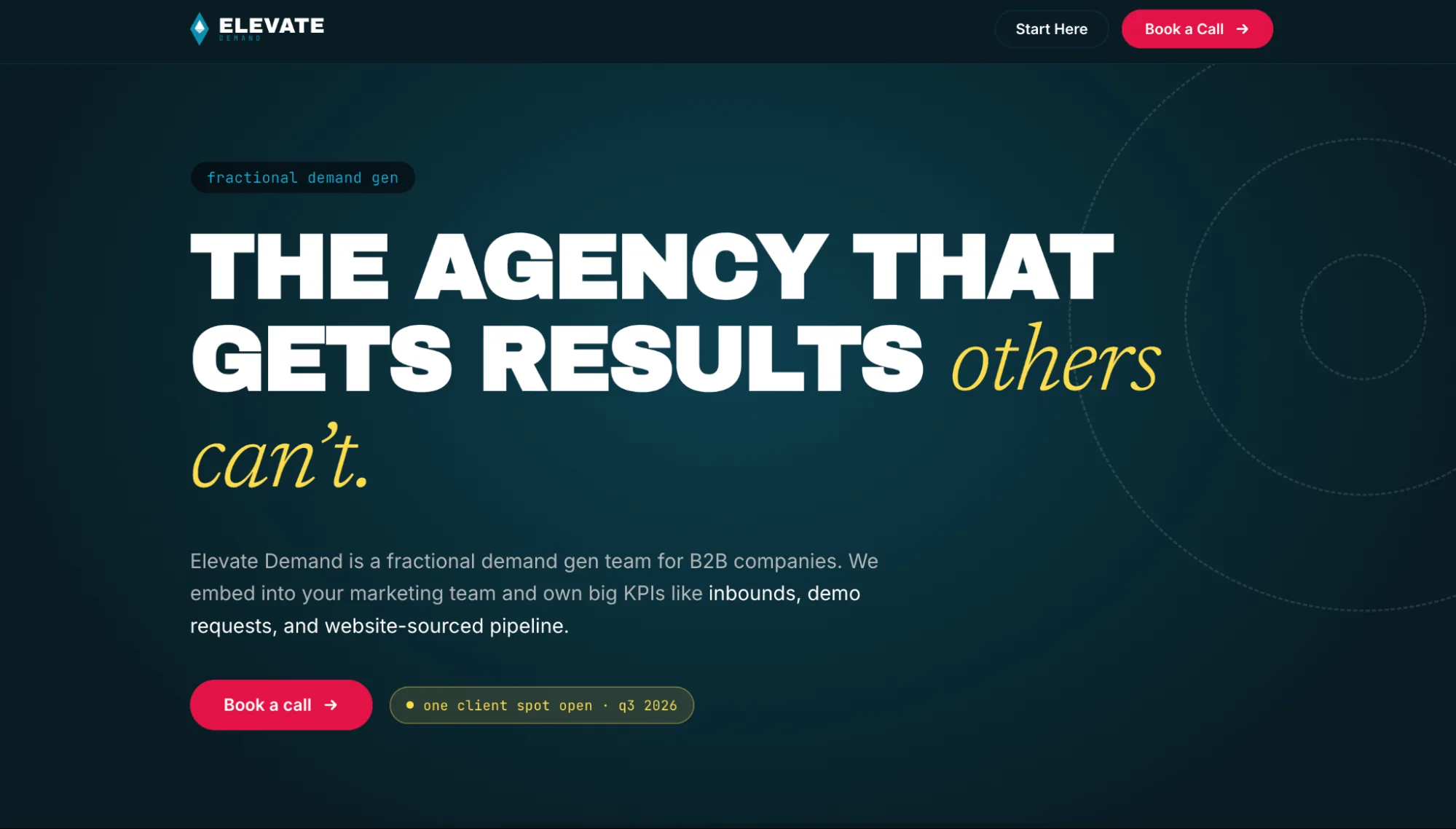 Elevate Demand homepage hero showing the tagline The agency that gets results others can't