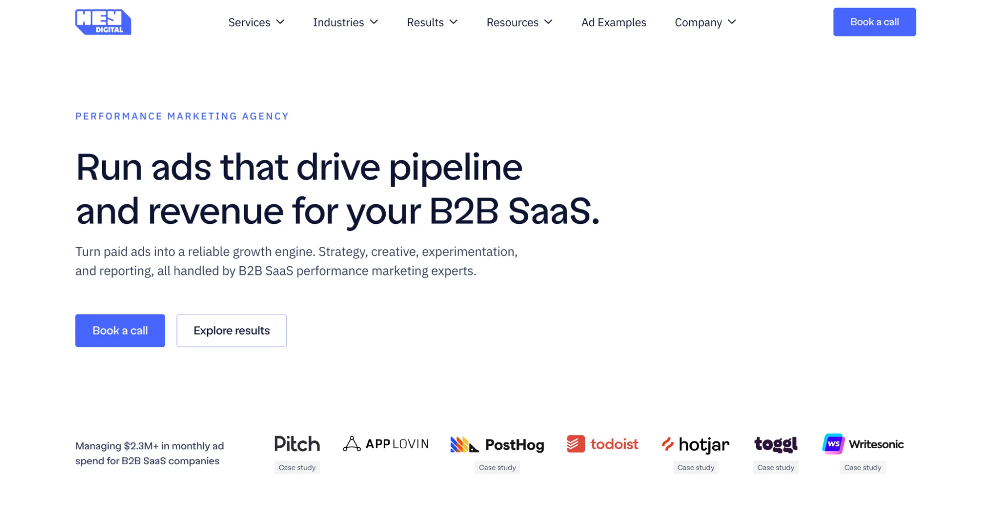 Hey Digital homepage hero showing the tagline Run ads that drive pipeline and revenue for your B2B SaaS