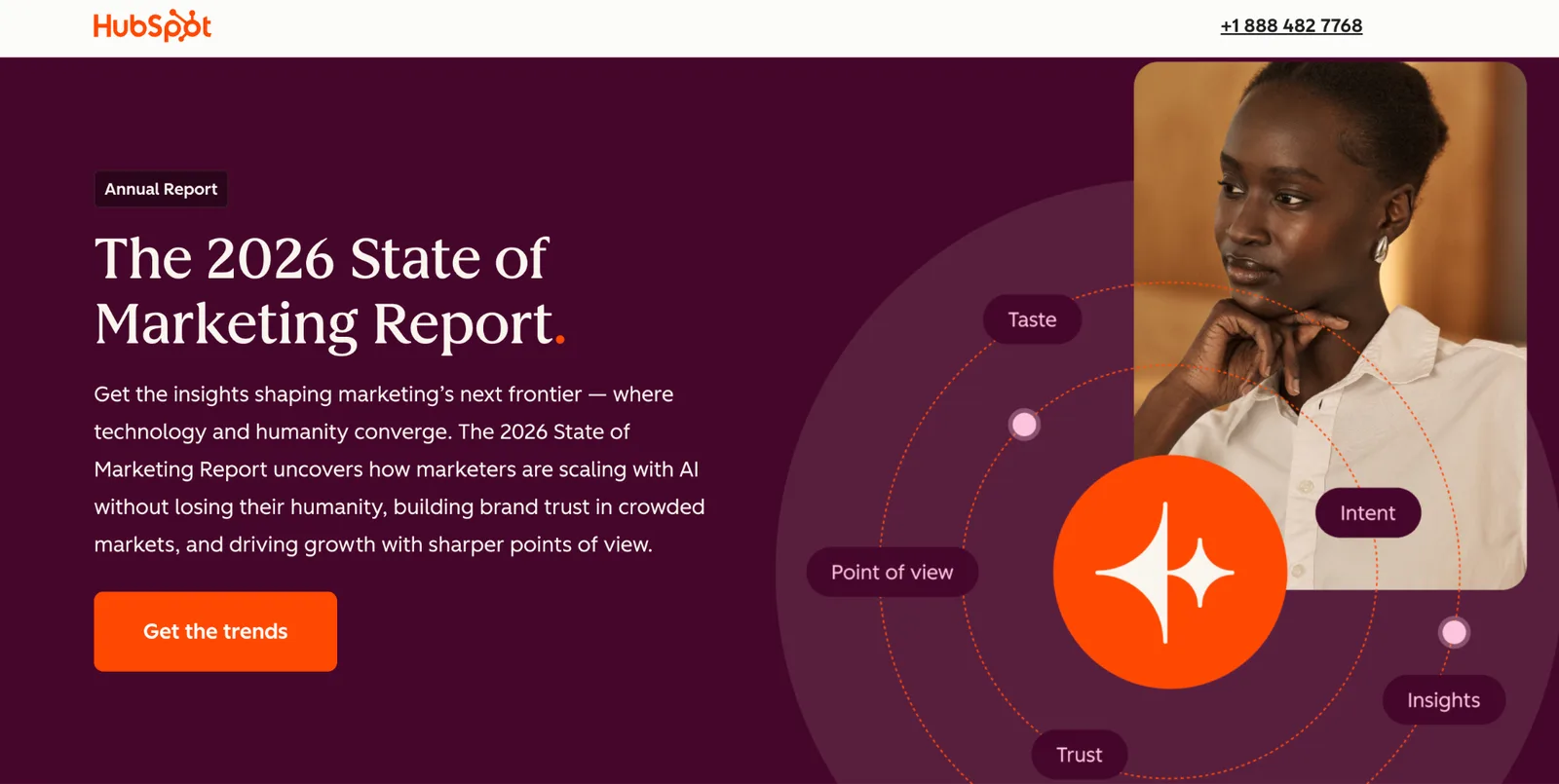 HubSpot's 2026 State of Marketing Report landing page, promoting original research on AI, brand trust, and marketing growth