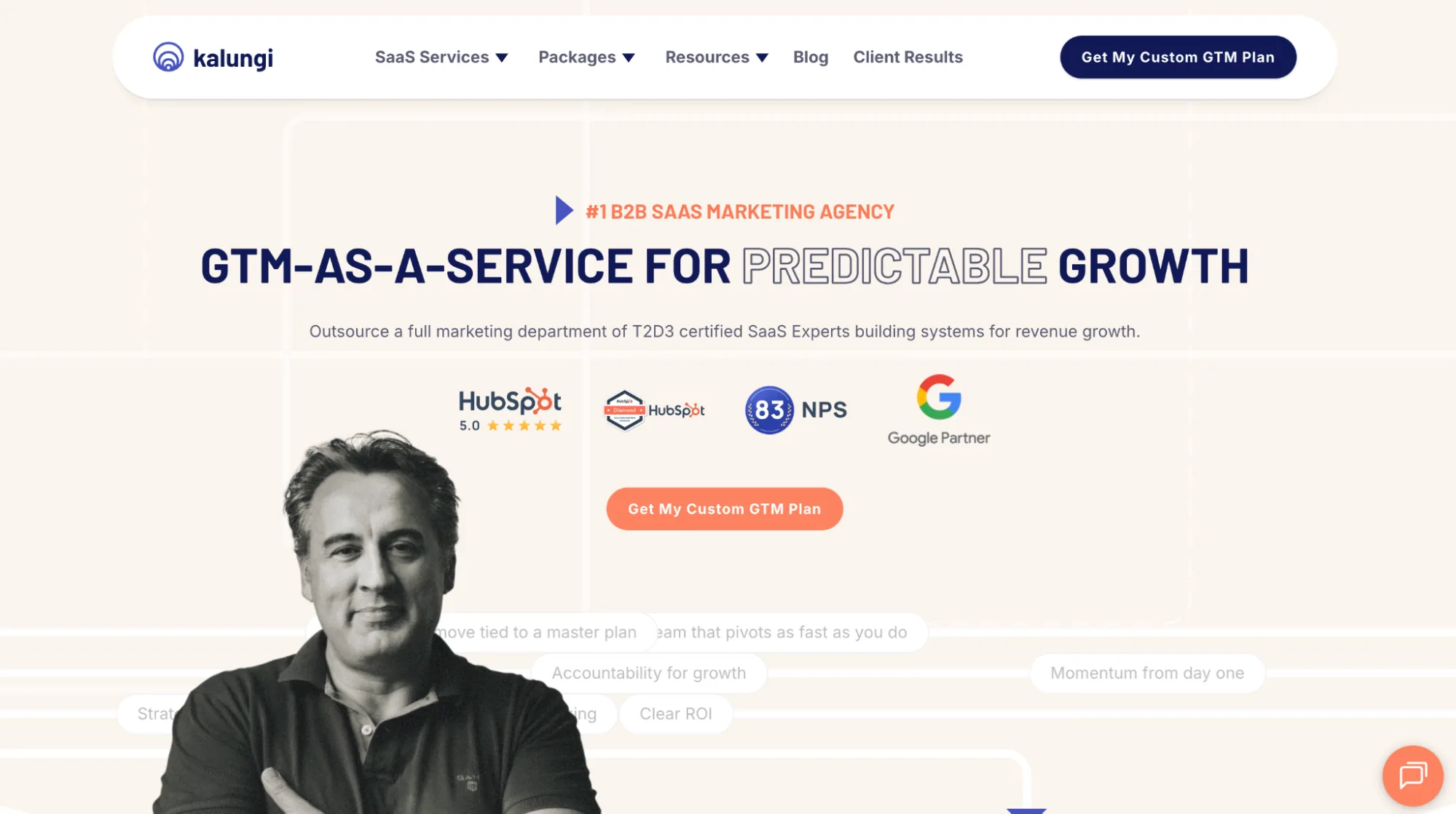 Kalungi homepage hero showing the tagline GTM-as-a-Service for Predictable Growth with HubSpot and Google Partner badges