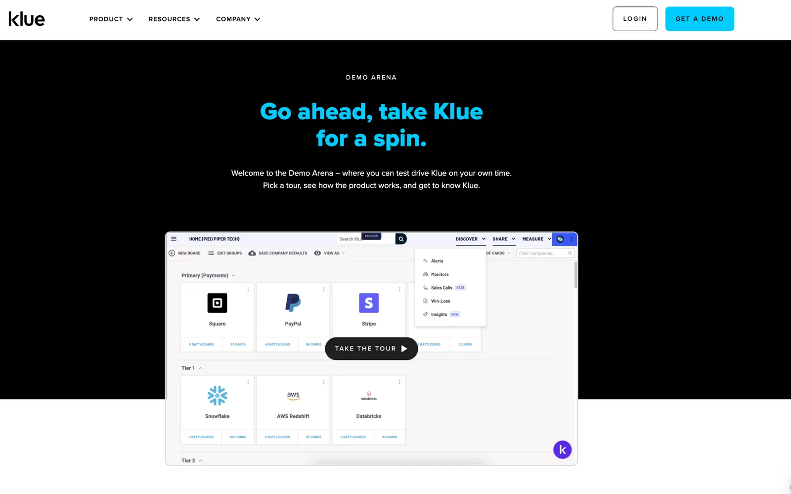Klue's self-serve Demo Arena landing page, letting a buyer take an interactive product tour without booking a call