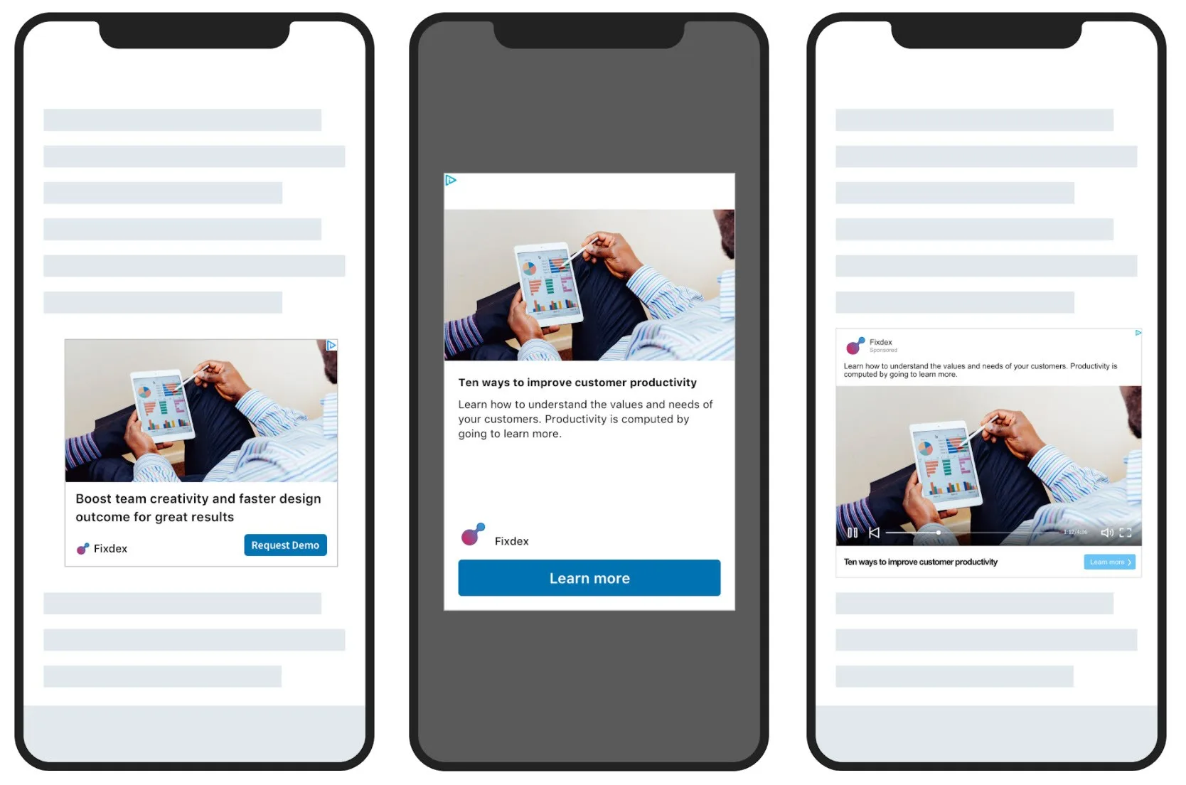 Mobile mockups comparing a Google Display Network ad, a Google Demand Gen ad, and a LinkedIn Audience Network ad, all showing the same third-party creative running off-platform