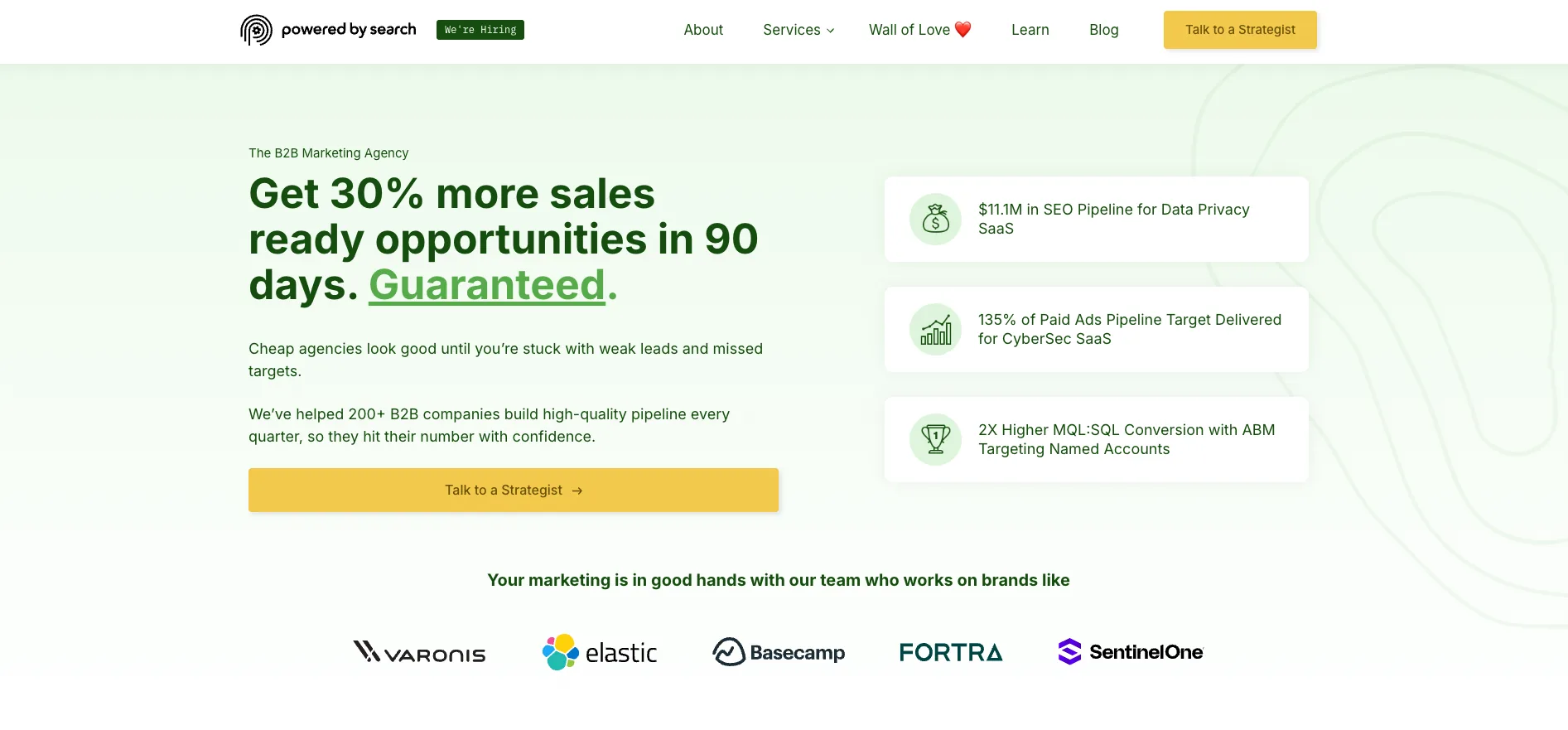 Powered by Search homepage hero showing the tagline Get 30% more sales ready opportunities in 90 days, guaranteed