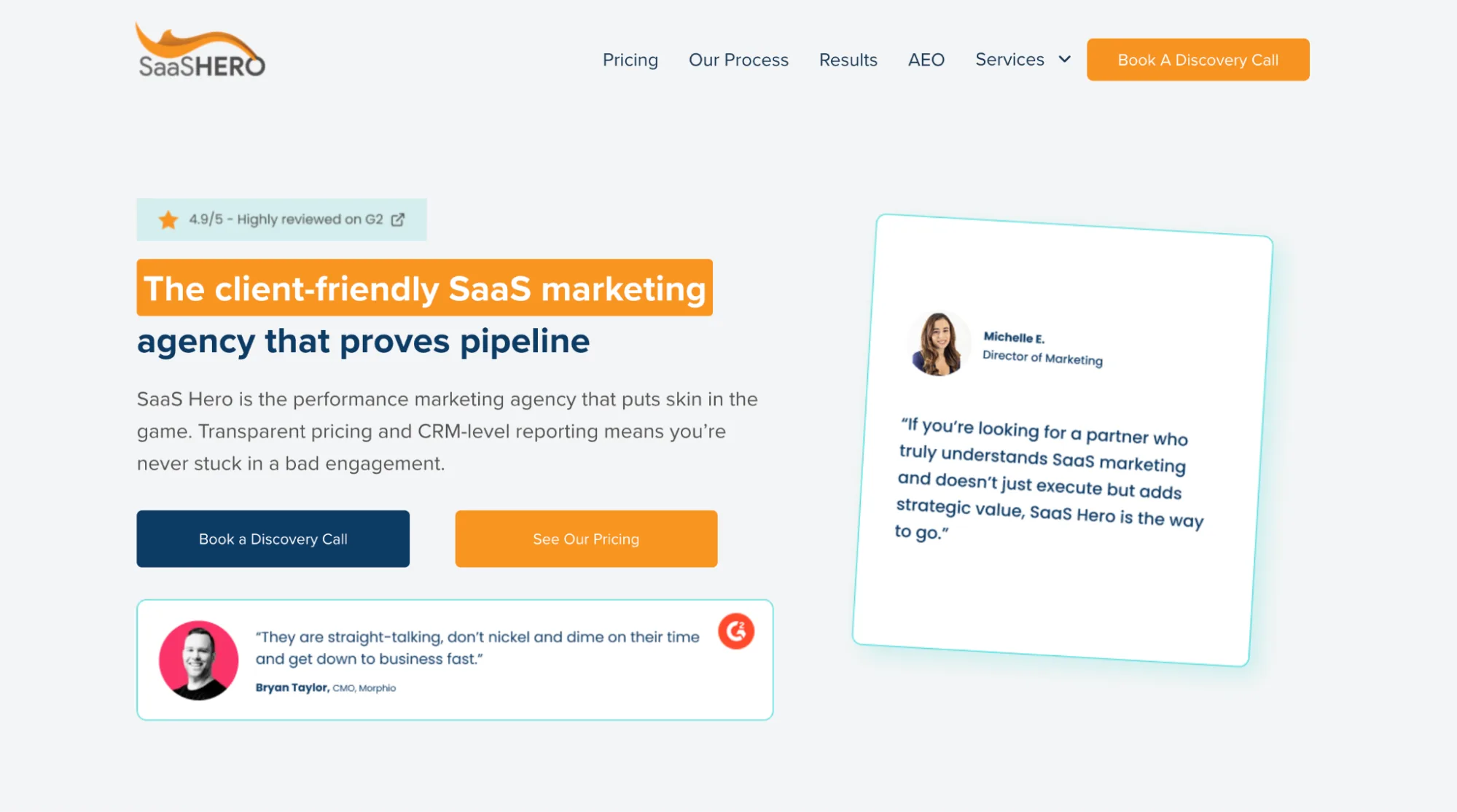 SaaS Hero homepage hero showing a 4.9/5 G2 rating and the tagline The client-friendly SaaS marketing agency that proves pipeline