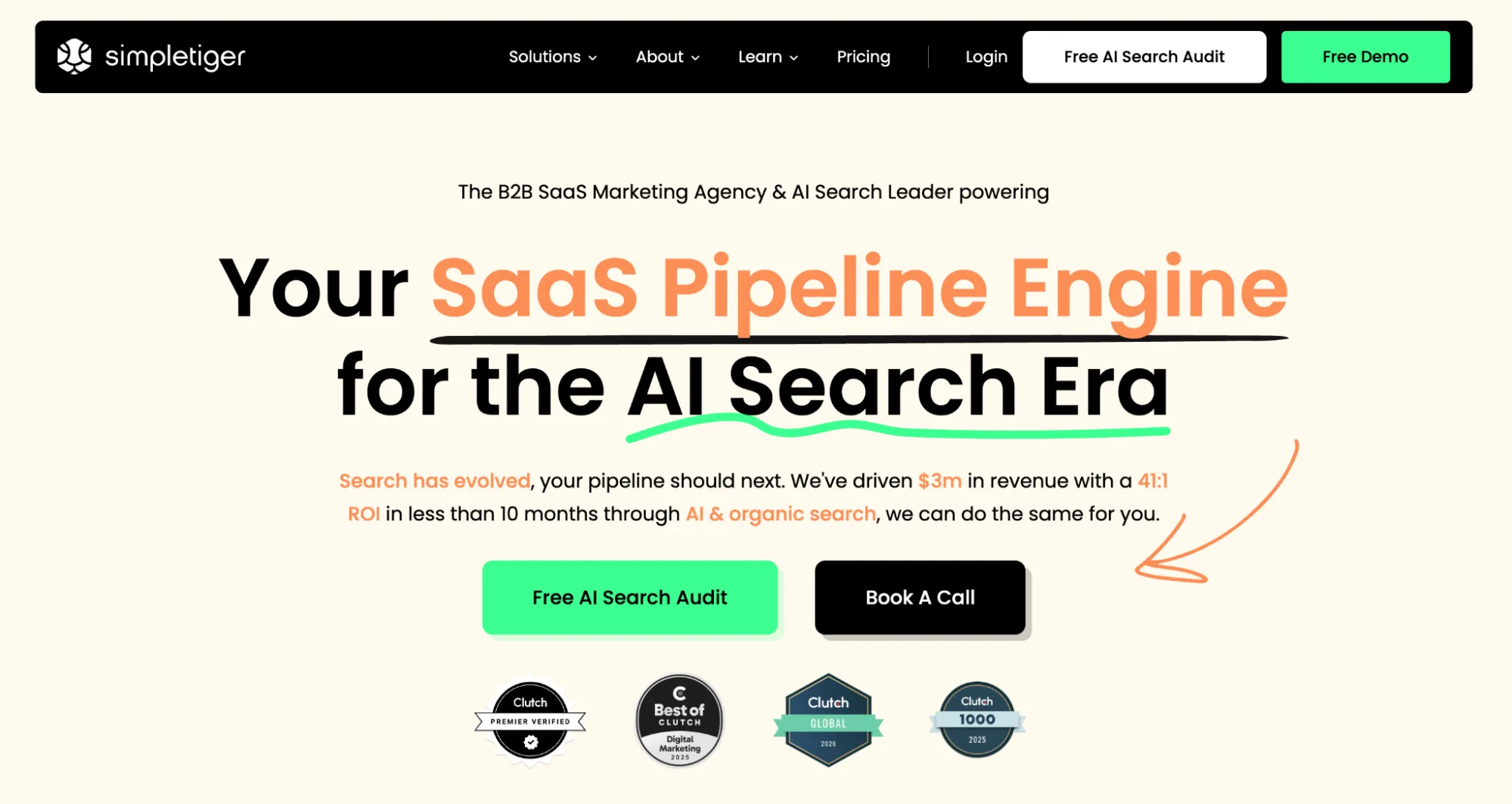 SimpleTiger homepage hero showing the tagline Your SaaS Pipeline Engine for the AI Search Era, with Clutch award badges