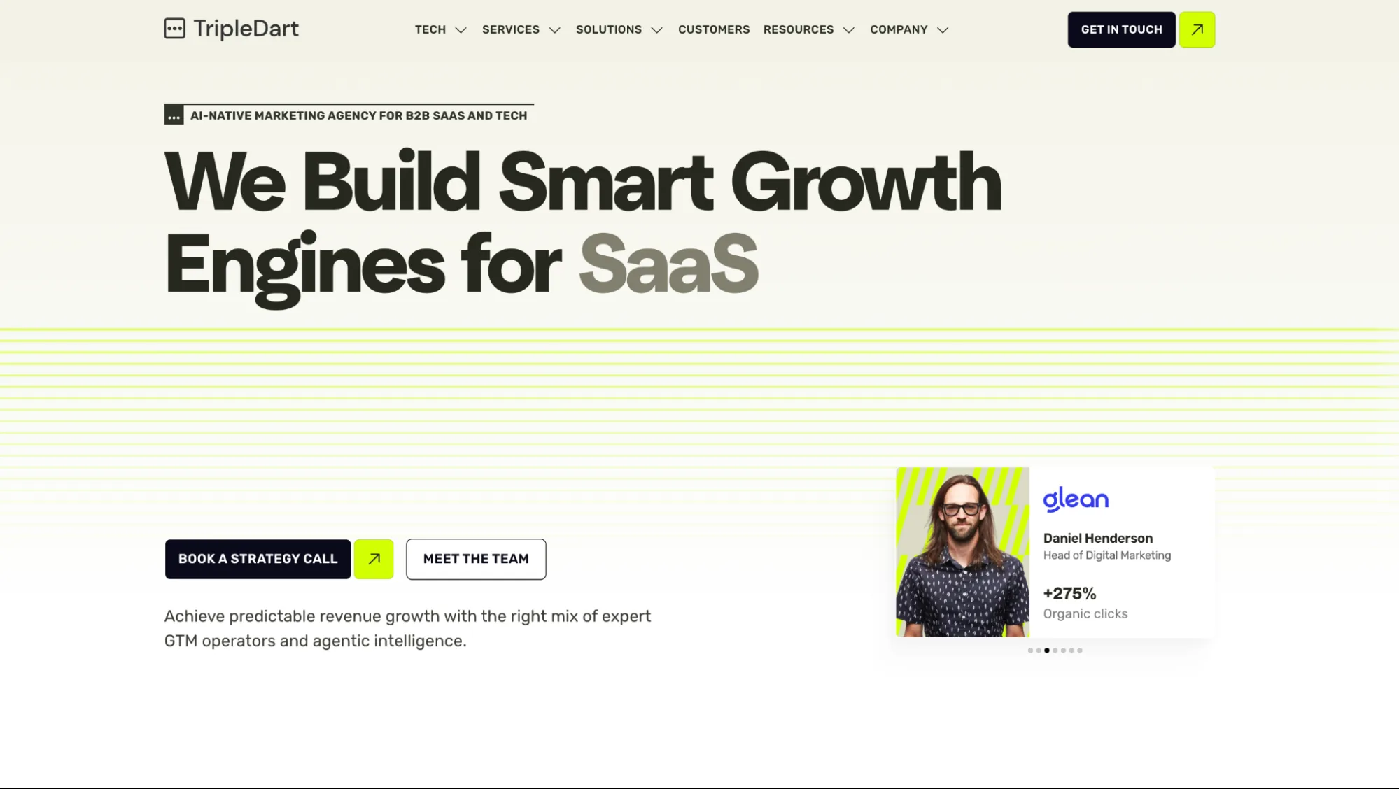 TripleDart homepage hero showing the tagline We Build Smart Growth Engines for SaaS with a client results card