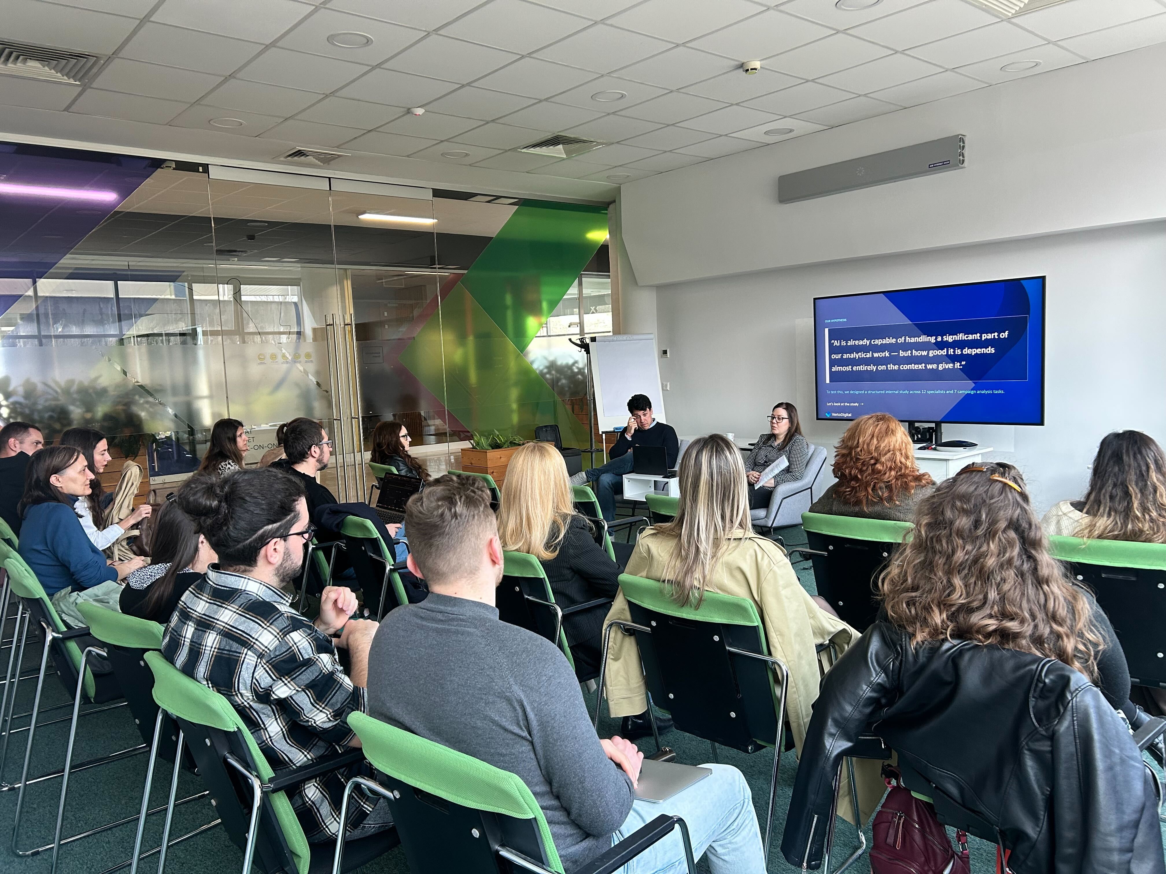 Rumyana Kercheva presenting Man vs the Machine at VertoTalks #20, Campus X Sofia, March 2026