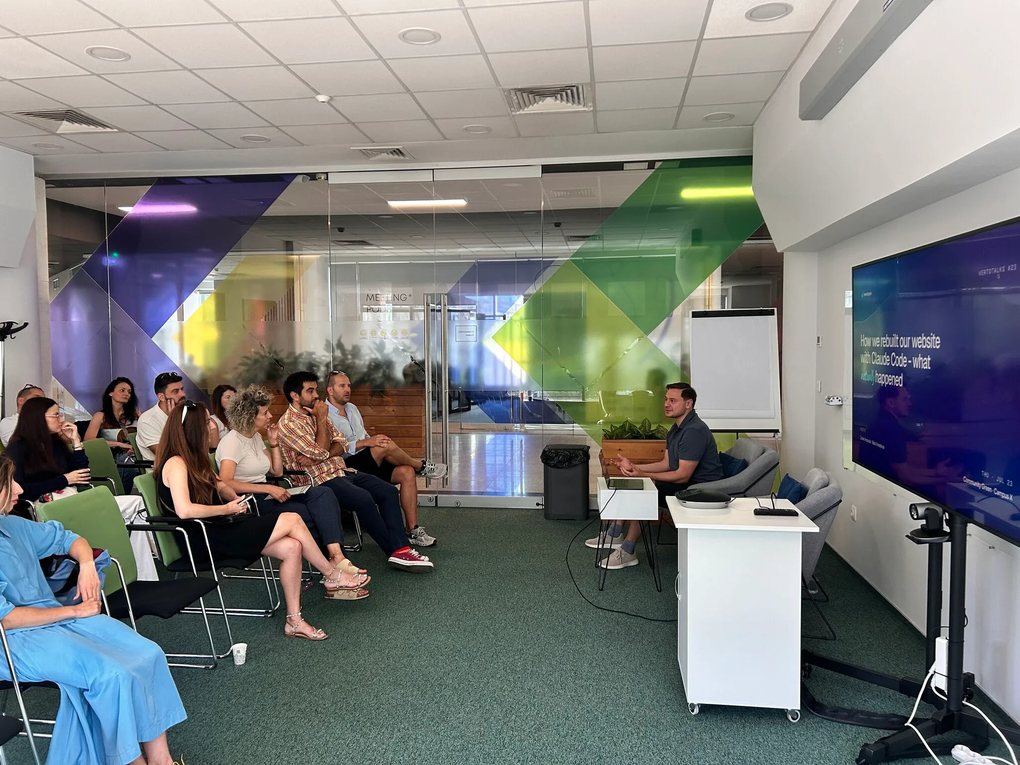 Zoran Arsovski presenting how VertoDigital rebuilt its website with Claude Code at VertoTalks Sofia, Campus X